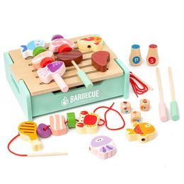 Play de madera Barbacoa para niños Playset de parrilla con herramientas de comida y parrilla accesorios de cocina para niños pequeños niñas 240420
