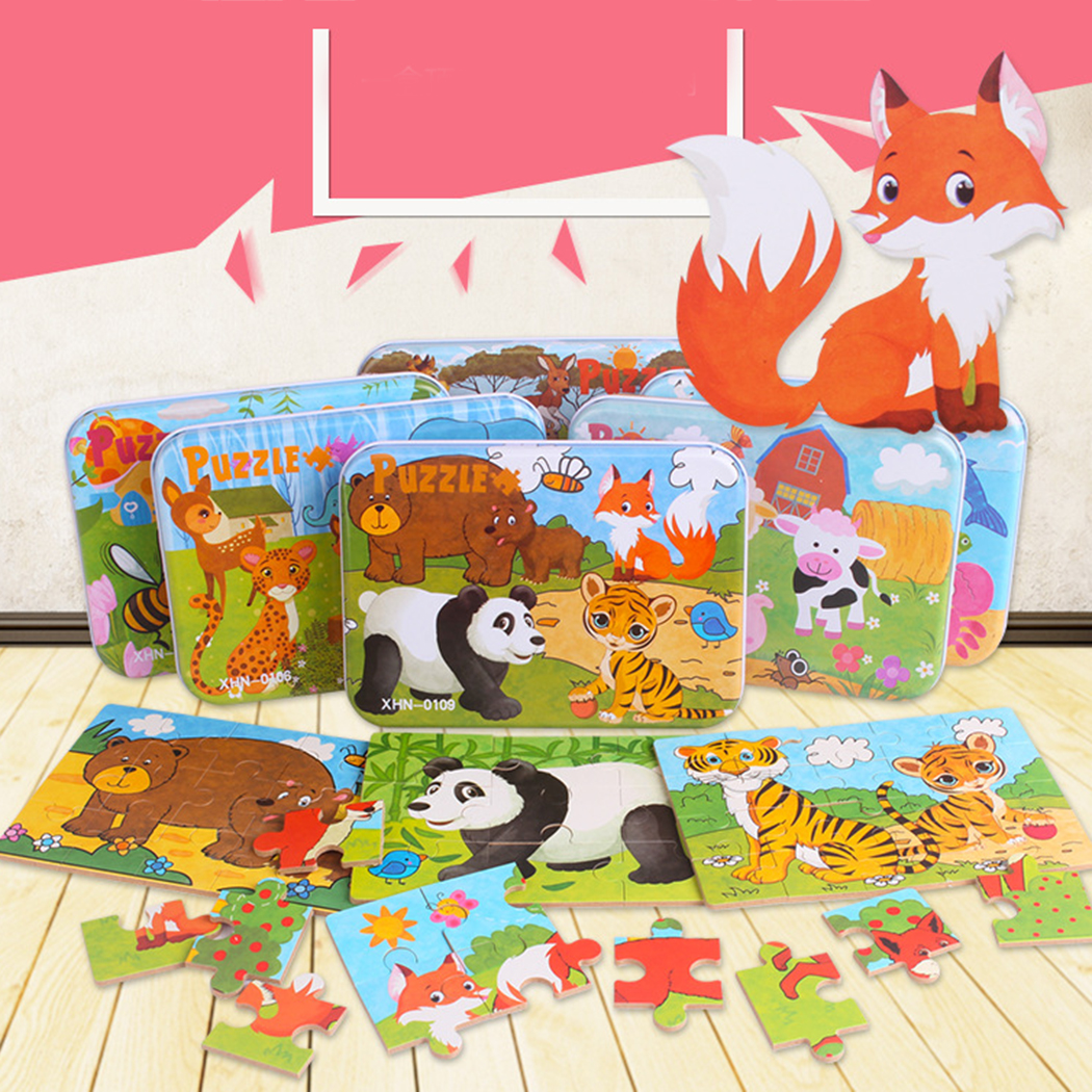 Wooden Puzzle Cartoon Toy 3D Wood Puzzle Iron Box Package Jigsaw Puzzle for Child Educational Montessori Wood