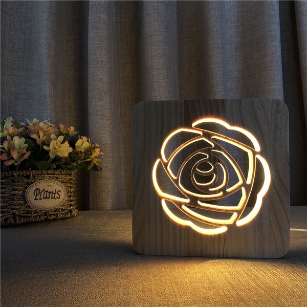 Lampe de nuit rose en bois 3d led veilleuses pour la saint-valentin cadeau créatif blanc chaud chambre lampe de table de chevet