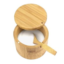 Boîte à sel ronde en bois Borne d'épices en bambou avec récipient de couvercle pivotant magnétique pour les conteneurs de rangement de cuisine