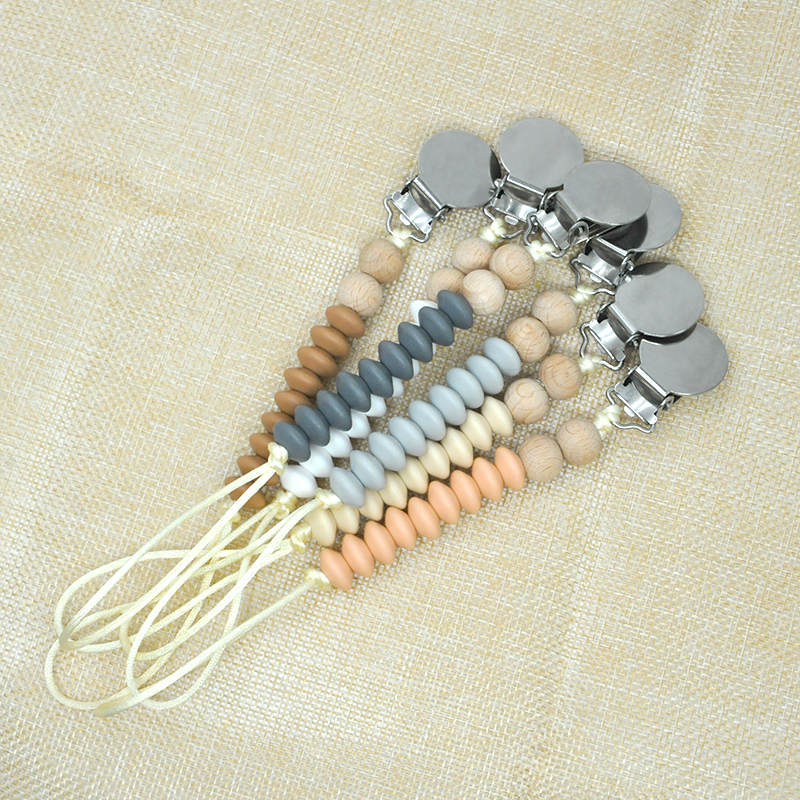 Houten siliconen kralen fopspeen clips met metalen houder tandjes kralen dummy clip fopspeen fopspeen ketting voor baby peuter