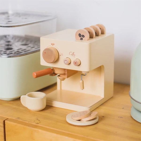 Máquina de café de simulación de madera, juguete para niños, pretende cocinar, cortar frutas, máquina de café de cocina, juguete para bebé, educación temprana, regalo divertido 231225