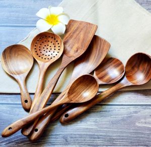 Spatule en bois en bois de teck spatules antiadhésives à long manche cuillère à repas cuillère naturelle passoire outil de cuisson vaisselle en bois nouveau