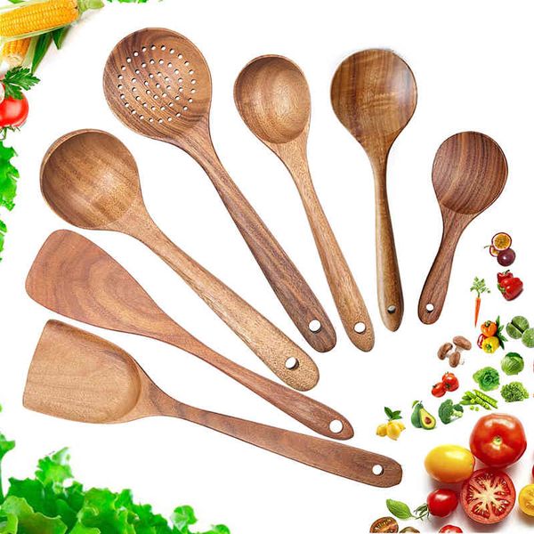 Cuchara de madera Juego de utensilios de cocina Herramienta de cocina Juegos de herramientas de cocina de madera de teca natural Espátula antiadherente Cucharas de sopa Dropshipping 210326