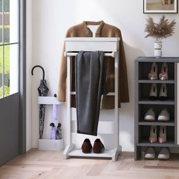 Soporte de traje de madera, multifuncional con percha de traje, barra de pantalón, barra de corbata, estante de zapato y bandeja de almacenamiento