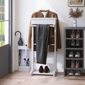 Houten pakstandaard, multifunctioneel met pakhanger, een broekbalk, tie riembalk, schoenenrek en opbergvak