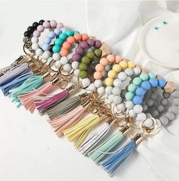 Wooden Tassel Bead String Bracelet Keychain Food Grade Silicone Beads Bracelets Women Girl Key Ring Wrist Strap More Than 10 colors