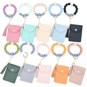 Houten kwastje kralenketting armband met ID-kaart tas sleutelhanger siliconen kralen armbanden dames meisje sleutelhanger ketting polsband hanger leer partij gunst geschenken DH