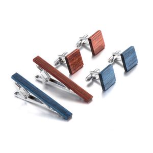 Houten tie -clip en manchetlinkset voor mannen Classic Tie Clips manchetjes Sets koperen balk Bruin blauw tie kraag pin sieraden cadeau