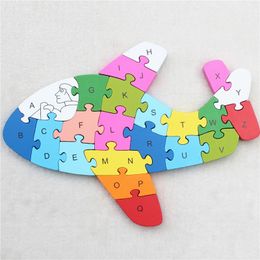 Houten speelgoed puzzel cartoon kleur vliegtuig 26 stuk Engelse brieven en digitale cognitieve