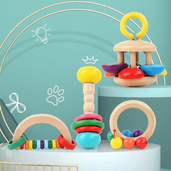 Jouets en bois coloré bébé hochet coloré de qualité alimentaire de qualité hochet en bois set teether set montessori