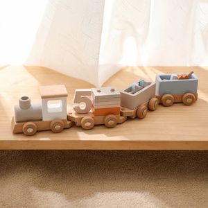Houten trein Verjaardagsblokspeelgoed Montessorispeelgoed Babyspeelgoed Educatief babyspeelgoed Houten trolley Babyleerspeelgoed Aantal hout 240124