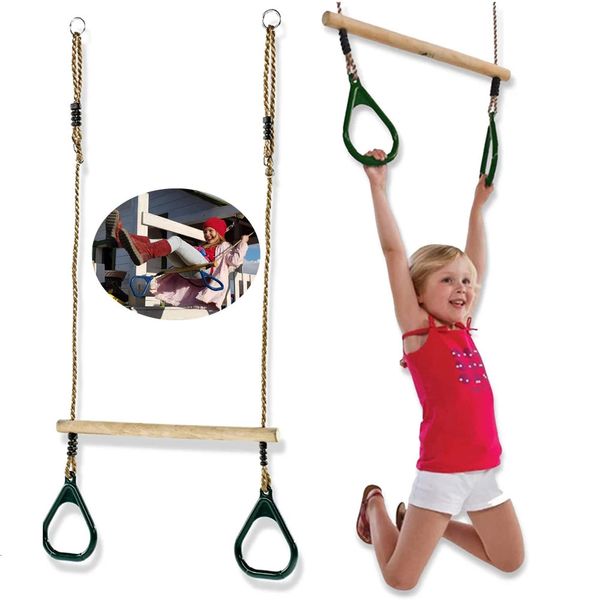 Trapèze en bois avec anneaux de gymnase en plastique extérieur terrain de jeu intérieur 2 en 1 accessoires de swing pour enfants 240419
