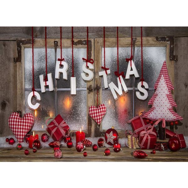 Ventana de madera Feliz Navidad Contexto Impreso Bolas Rojas Regalos Velas Amor Corazones Pino Árbol Decoraciones Bebé Niños Fondos de fotos