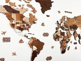 Mapa mundial de madera, decoración de arte de pared, mapa mundial de madera 3D, mapa mundial para alfileres, regalo de inauguración de la casa, decoración de oficina