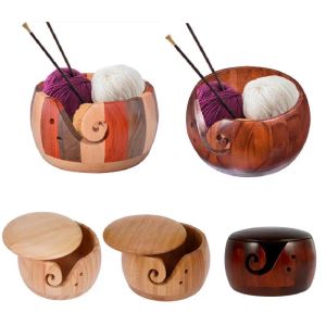 Bol en bois en bois Tricote de laine de laine de laine rangement rangement panier rond avec couvercle 2 trous à la main Kit de crochet artisanal