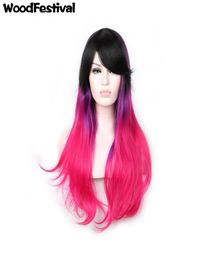 Woodfestival Wig de poils de fibre synthétique de bonne qualité ombre ombre Purple rose rose méplice Cosplay Wig 75cm Long Wig ondule avec frange 1369921