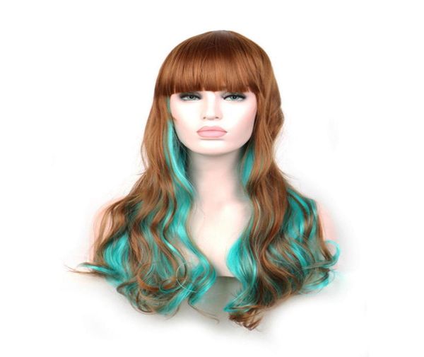 WoodFestival peluca ombré verde marrón para mujer pelucas harajuku lolita pelo sintético largo ondulado pelucas de fibra resistentes al calor curly5210151