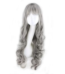 WoodFestival perruque grise avec frange soignée longue bouclée synthétique naturel ondulé perruques grand-mère cheveux gris women1470412