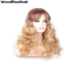 WoodFestival longo encaracolado ouro ombre peruca ondulada mulheres perucas sintéticas com franja rosa rede de fibra de cabelo comprimento médio 4727907