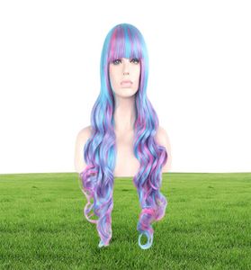 Woodfestival Long Curly Wig ombre Synthétique Fibre Hair Wigs Blue Pink Mix Color Lolita Wig Cosplay Femmes Bangs 80CM3202763