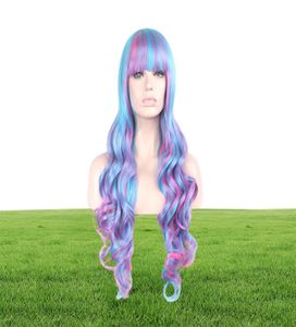 Woodfestival Long Curly Wig ombre Synthétique Fiber Hair Wigs Blue Pink Mix Color Lolita Wig Cosplay Femmes Bangs 80CM6983182
