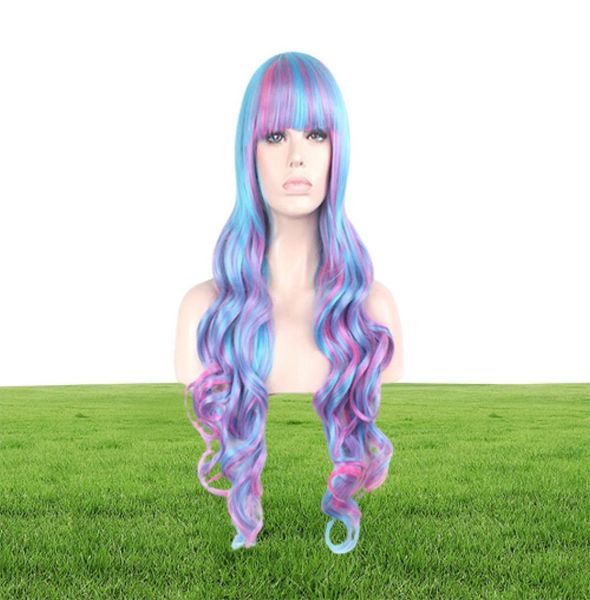 WoodFestival longue perruque bouclée ombre fibre synthétique cheveux perruques bleu rose mélange couleur lolita perruque cosplay femmes frange 80cm4986621