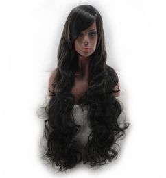 Woodfestival Oblique Bangs Long Black Wig Curly Synthetic Hair Wig Fomen Women r￩sistant aux fibres r￩sistantes peut ￪tre teinte 80cm5452209