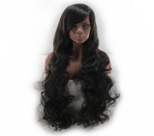 WoodFestival frange oblique longue perruque noire bouclés perruque de cheveux synthétiques pour les femmes perruques en fibres résistantes à la chaleur peuvent être teintes 80 cm3994669