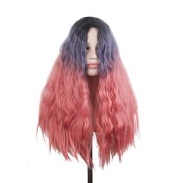 Woodfestival rose bouclé perruque moelleux Long Synthetic Hair Cosplay Wigs For Women Ombre Blue Party Wig Girl Gift