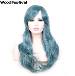 WoodFestival Rozen Maiden perruque cosplay bleu longues perruques ondulées frange synthétique cheveux bouclés fibre résistante à la chaleur fashion2995683