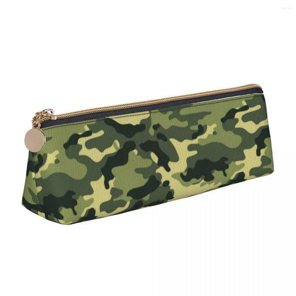 Woodland Camouflage Triangle Trousse Armée Camo Imprimer École Primaire Grande Boîte À Fermeture À Glissière Garçon Fille Mignon En Cuir Stylo Sac