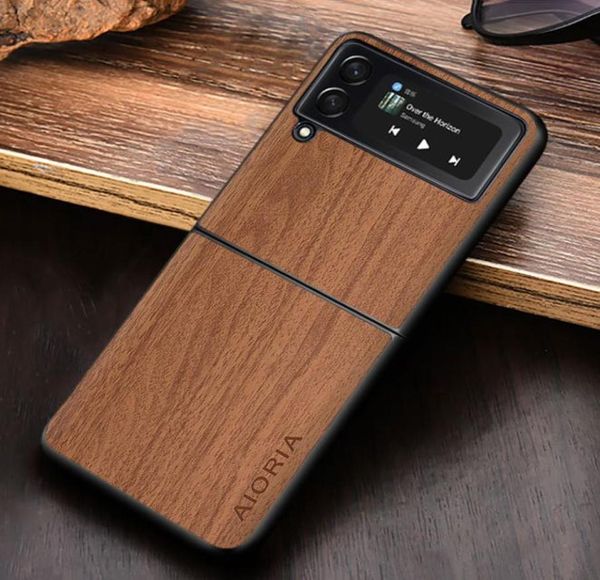 Étui WoodLike pour Samsung Galaxy Z Flip3 5G Flip 3 PC dur et bois PU cuir peau couvre coque fundas3535484