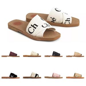 Woody Célèbre Designer Pantoufles Sandales Diapositives Sliders Femmes Mules Diapositive Plate Beige Blanc Noir Rose Dentelle Lettrage Tissu Toile Rouge Femme Home Coach Sandels Sandle