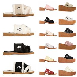 Woody Flat Mules diseñador mujer Zapatillas mullidas Piel de lino Woodys Cuñas Alpargatas Diapositivas famosas Mujeres Slip-on Fuzzy furry Mule tote Sliders Suela de goma Sandalias