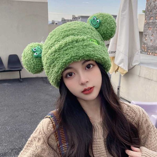 Gorro de lana Gorro Gorro Cubo Rana Espesado Orejeras lindas Animales de peluche Mujeres Hombres Chica Esquí Casual Frío Proo Accesorios de invierno 230920