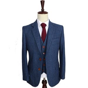 Laine Blue Herringbone Retro Gentleman Style Custom Made Costumes pour hommes Costume sur mesure Costumes Blazer pour hommes 3 pièces (veste + pantalon + gilet) 201123