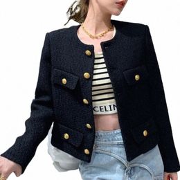 Manteau de laine Femmes Veste courte Cardigan Lg manches Top Blazer simple boutonnage polyvalent Top laine Tweed Topcoat Automne Hiver K9sJ #
