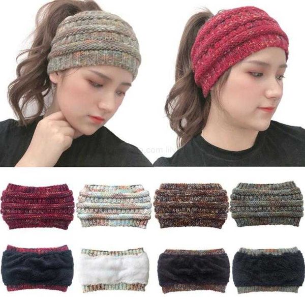 Diadema de lana de ganchillo para mujer, hombre, deportes de invierno, orejas, bandas para la cabeza más cálidas, gorro grueso y ancho con cola de caballo