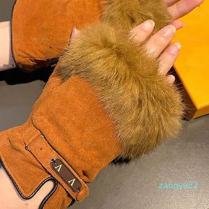 Gants en cuir et fourrure de laine pour femmes, mitaines d'hiver de styliste en peau d'agneau, gants classiques sans doigts