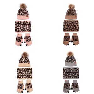 Wollen hoed handschoenen en sjaal pak Leopard-print touch-screen handschoen voor warmte