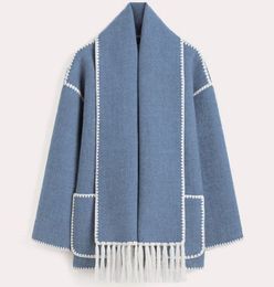 Wool Jack Designer damesjas gemengd contrasterende damesjas met enkele rij knopen en sjaal met lange mouwen, oversized losse kwastjes jas 2024 Autumng H670 2 0J61