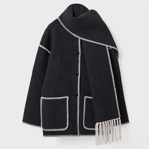 Wool Jack Designer damesjas gecombineerd met contrasterende damesjas met enkele rij knopen en sjaal, oversized, losse kwastjesjas met lange mouwen 2024 Autumng H670 C0C3