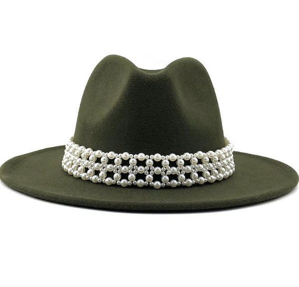 Laine Jazz Fedora chapeaux décontracté en cuir perle ruban feutre chapeau blanc rose jaune Panama Trilby fête formelle femmes hommes casquette 56-58 CM