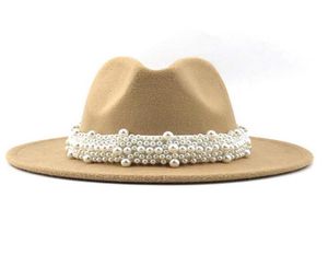 Wool Jazz Fedora Tophoeden Casual Women Pearl Ribbon Filt Hat Panama Trilby Formal Party Cap 5861cm 17 kleuren3745712