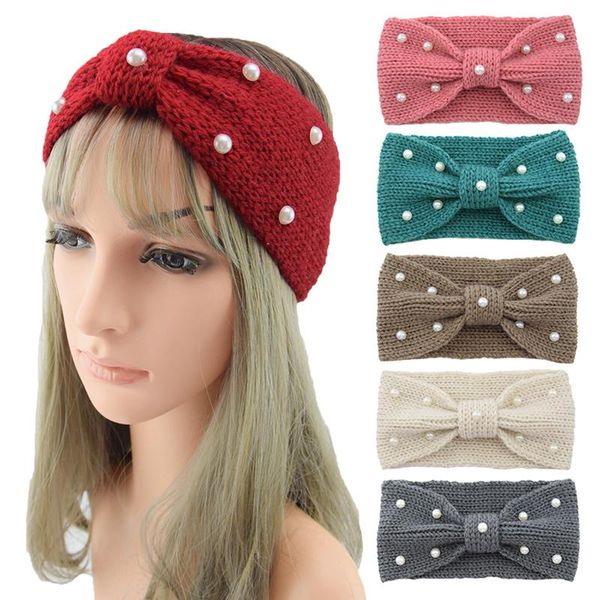 Diademas de perlas con nudo tejido de lana para mujer, calentador de invierno, accesorios para el cabello para niña, diadema elástica, bandas deportivas, Clips, pasadores