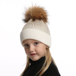 Wol Gebreide Muts Voor Kinderen Meisjes Jongen Goud Zilver Roze Zwart Metallic Print Muts Echt Bont Pompom 220105