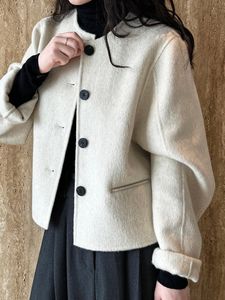Wollen winter high-end korte dubbelzijdige wollen jas met een minimalistische ronde hals voor het temperament van vrouwen