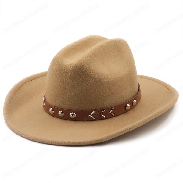 Chapeau à large bord occidental en laine pour hommes et femmes pour Gentleman Lady Jazz Cowgirl avec des casquettes en cuir Cloche Church Sombrero