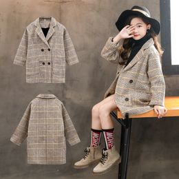 Wollen 2020 herfst en winter nieuwe kinderen lange plaid jas kinderen populaire blazers wollen jas meisjes LJ201125